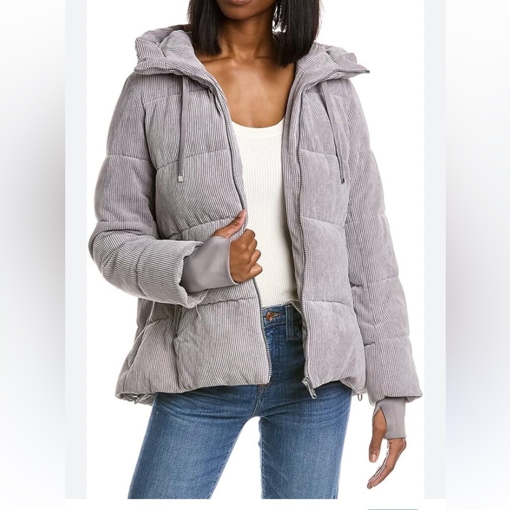 Sam Edelman hooded corduroy puffer jacket in grey.